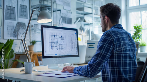 Architect and civil engineer collaborating on designs at a computer workstation.