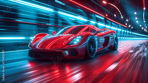 Racing sports car on neon highway. Powerful acceleration of a supercar on a night track with colorful lights and tracks. Blur at high speed. The light trail from the headlights.