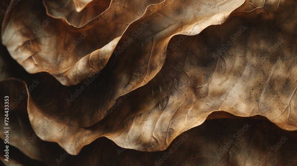 Aerial 3D Macro: Brief overhead view of a dry leaf's wavy texture, portrayed in immersive 3D, perfect for a unique visual prompt. Aerial 3D Macro: Brief overhead view of a dry leaf's wavy texture, portrayed in immersive 3D, perfect for a unique visual prompt.