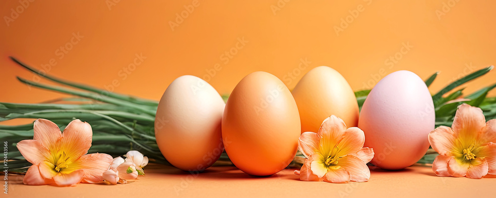Fototapeta premium Easter. Eggs. Flowers. Abstract background. Easter decoration. Holiday, symbol, identity. Template for the site. Free space for text.