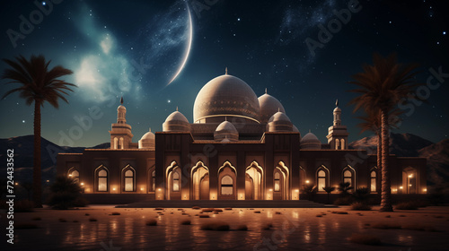 Islamic mosque background with copy space area. An Islamic background with a mosque object is suitable for Ramadan events or Islamic celebrations.