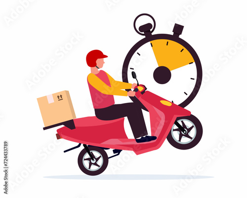 Shipping fast delivery scooty with clock. Online delivery service Chronometer fast service 24 7 vector illustration 