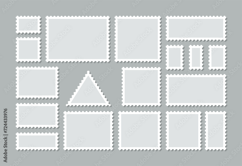Collection paper postmarks. Post stamps isolated on background. Empty stamps set. Postal shapes border. Blank frames for mail letter. Postage perforated templates. Vector illustration. Flat design. Collection paper postmarks. Post stamps isolated on background. Empty stamps set. Postal shapes border. Blank frames for mail letter. Postage perforated templates. Vector illustration. Flat design.