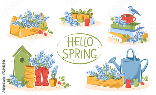 Hello spring. Books, gardening, growing plants, agricultural tools. Set of spring cards. Vector illustration. 