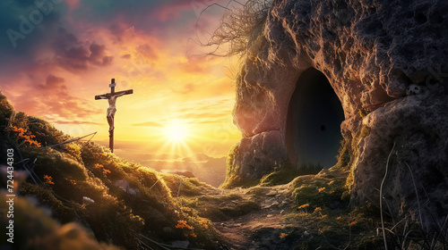 Sunrise resurrection scene: Empty tomb, shroud, and crucifixion in the background, symbolizing Jesus Christ's Easter triumph photo
