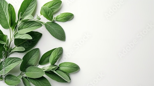 Sage leaves in a clean white backdrop like a frame with a big text space inside of it, herbal leaves for medicine use, Generative AI. photo