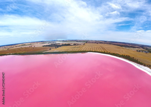Aerial view of Dimboola pink lake Nature Reserve of western Victoria, Australia,  the Pink Lake gets its vibrant colour from a salt tolerant alga living in the salt crust.