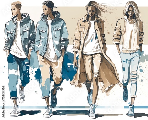 Casual Clothing, streetwear fashion show, young people, watercolor illustration