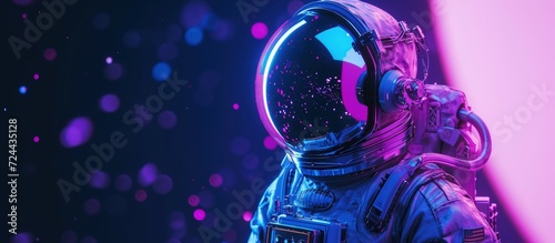 Futuristic space suit astronaut sculpture with purple and blue vibrant color. Generated AI image