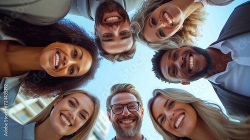 Group of diverse people smiling and looking down into the camera.

 photo
