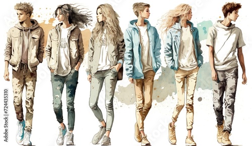 Casual Clothing, streetwear fashion show, young people, watercolor illustration