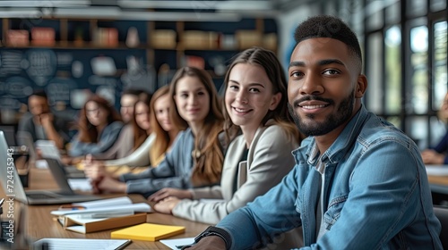 Young professionals attentively listening in a modern conference room.