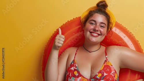 Smiling young woman with a yellow hat giving a thumbs up in a red pool float.