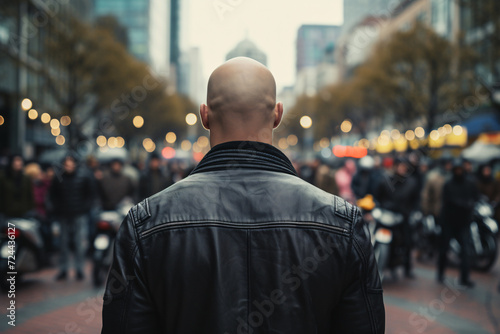 Back view of man with shaved heads and leather jacket in city street with blurry people