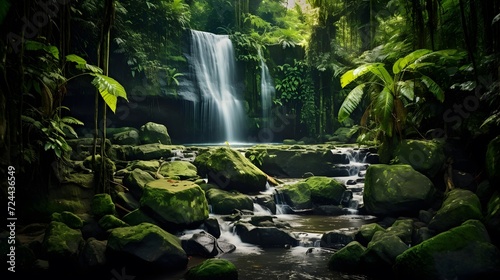 Beautiful waterfall in the jungle. Panorama of a waterfall in the jungle.