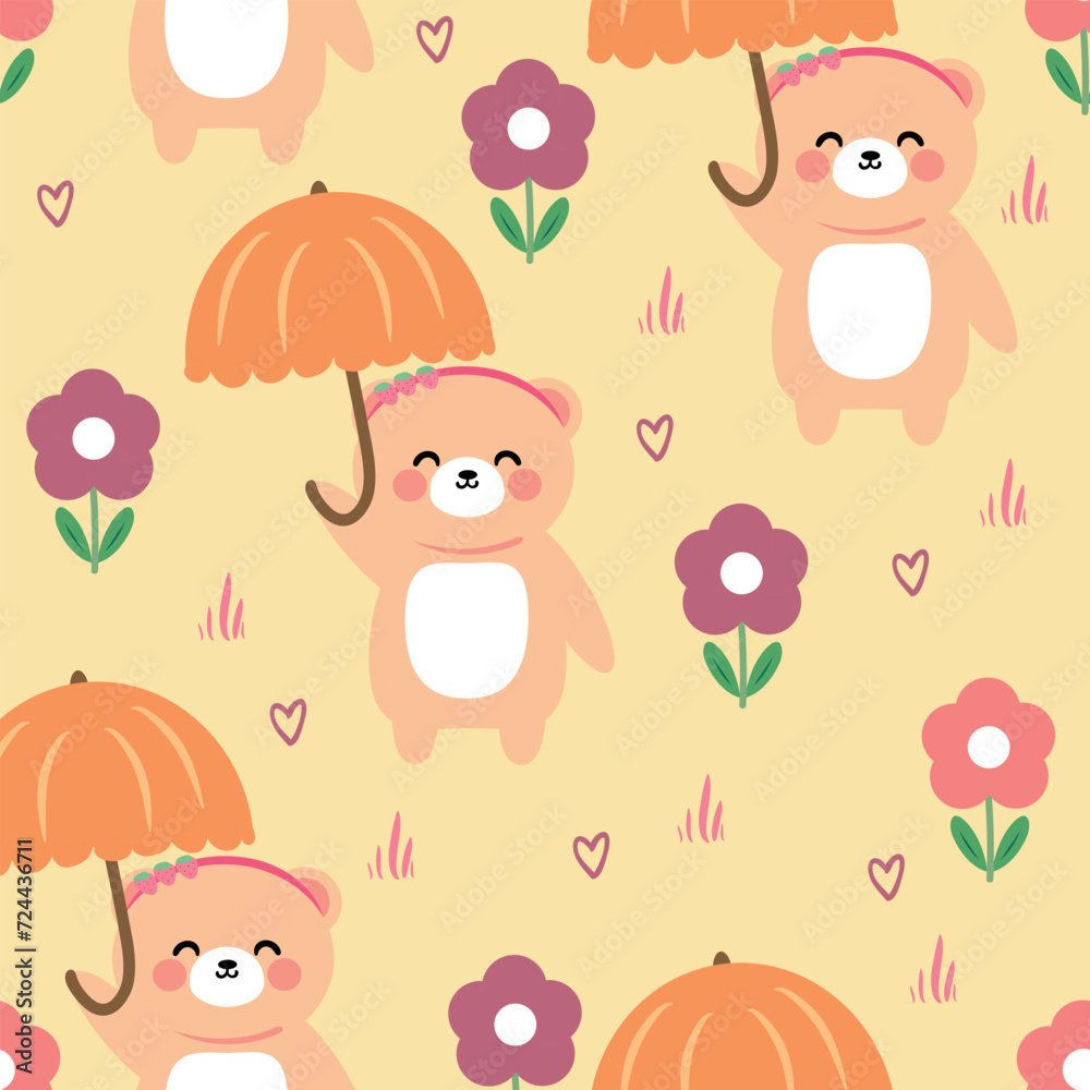 Seamless pattern with cute cartoon bear wearing an umbrella, for fabric print, textile, gift wrapping paper. children's colorful vector, flat style