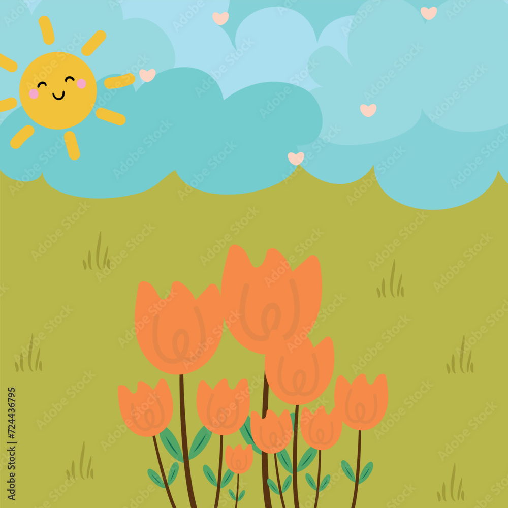 Illustration of kawaii tulips with a beautiful view with cute handwriting. cute flower wallpapers, backgrounds and cards