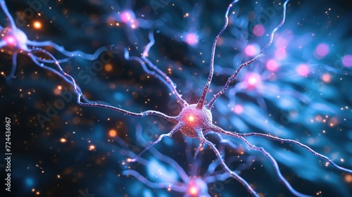 Explore the intricate neural communication through this depiction of active nerve cells and the electrical activity of neuron cells  Ai Generated.