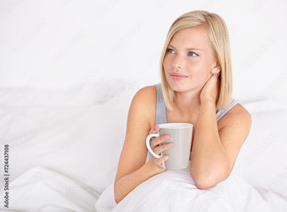 Woman, thinking and relax with tea on bed in home planning idea for morning or future. Healthy, matcha or girl with coffee in bedroom on holiday or vacation for wellness in apartment with vision
