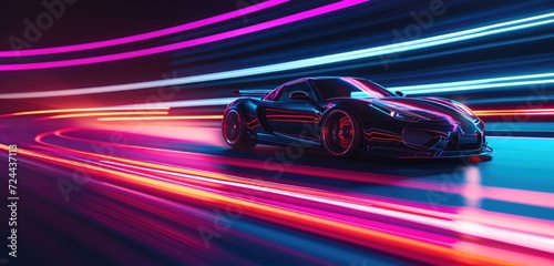 Witness a high-speed sports car racing on a neon-lit highway, Ai Generated. © Crazy Juke