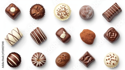 Set icons various chocolate pralines on white background.