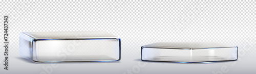 Glass transparent square and pentagon product podiums. Realistic vector illustration set of plexiglass or plastic stands for goods display. Geometric pillar crystal platform and pedestal base.