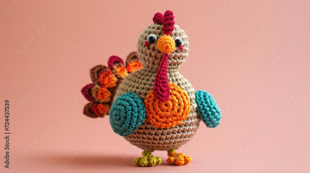 Crocheted turkey toy vibrant backdrop, handcrafted and adorable, Ai Generated