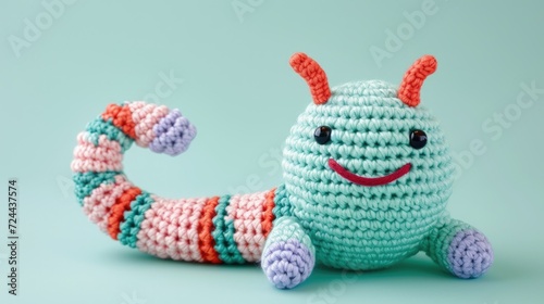 Crocheted worm toy vibrant backdrop, handcrafted and adorable, Ai Generated