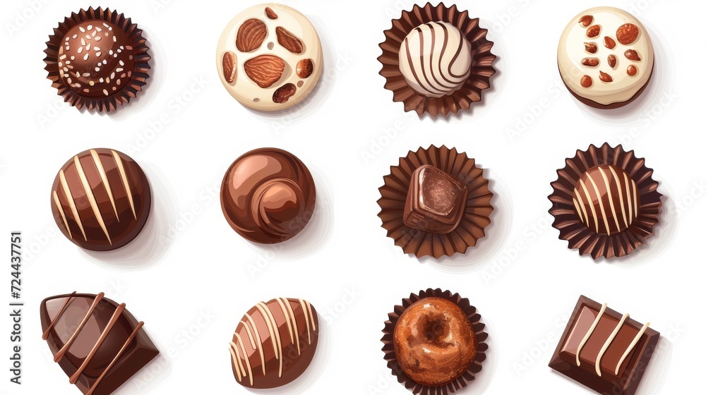 Set icons various chocolate pralines on white background. Set icons various chocolate pralines on white background.