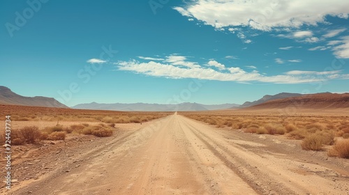 Venture down a remote dirt road, cutting through the barren vastness of the desert landscape. Ai Generated.