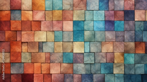 Vibrant, multi-colored stone tiles with a grungy texture, perfect for cubist-style wall art and decor backdrops, Ai Generated © Crazy Juke