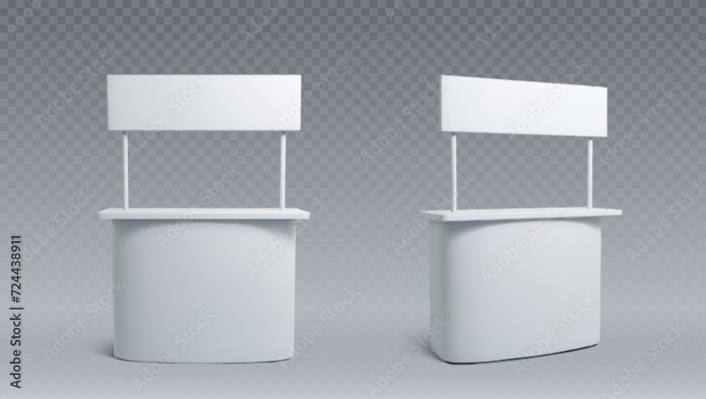 Advertising and promo white booth stand mockup with signboard. Realistic vector illustration set of empty portable kiosk for product presentation and exhibition. Blank retail trade and promoter stall. Advertising and promo white booth stand mockup with signboard. Realistic vector illustration set of empty portable kiosk for product presentation and exhibition. Blank retail trade and promoter stall.
