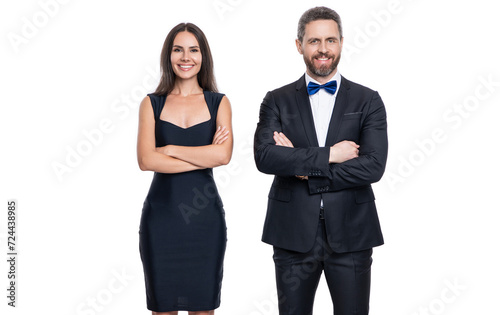 Romantic love. Valentines day. Elegantly dressed couple. Formal man and woman. Couple is posing. Elegant couple in formal clothes isolated on white. Woman and man at occasion date. Chic couple