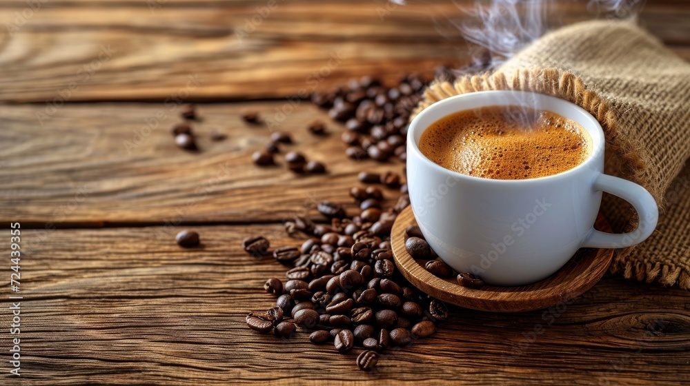 Cup of coffee with smoke and coffee beans in burlap sack on coffee Cup of coffee with smoke and coffee beans in burlap sack on coffee