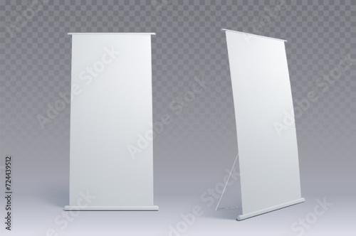 Advertising and promo white empty information booth stand or roll up board. Realistic vector illustration set of blank portable vertical pullup info banner mockup for ad and product presentation.