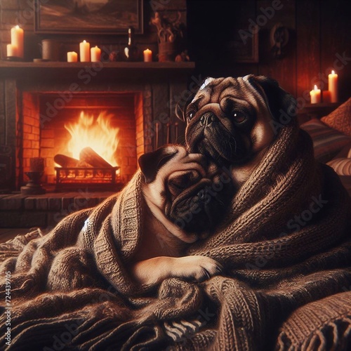 A cute pug in love in a romantic home atmosphere. Fireplace, coziness and warmth of love