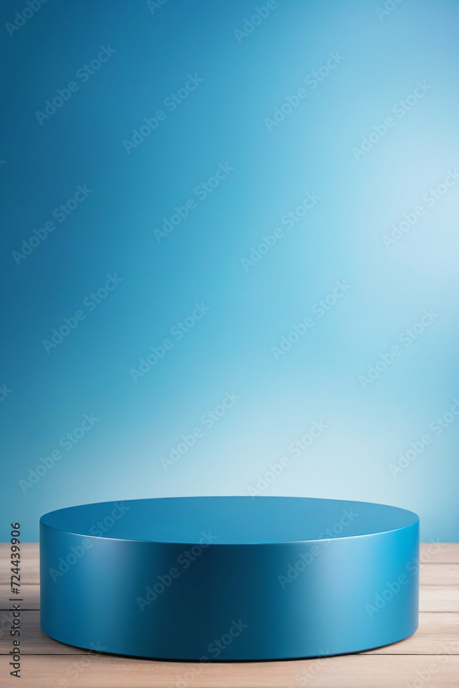 Empty round cylinder platform podium for product or cosmetics presentation on blue background with bokeh - Product showing Empty round cylinder platform podium for product or cosmetics presentation on blue background with bokeh - Product showing