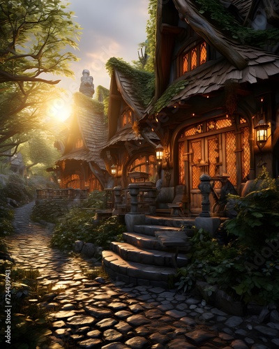 Beautiful wooden house in the garden at sunset. Vintage style.