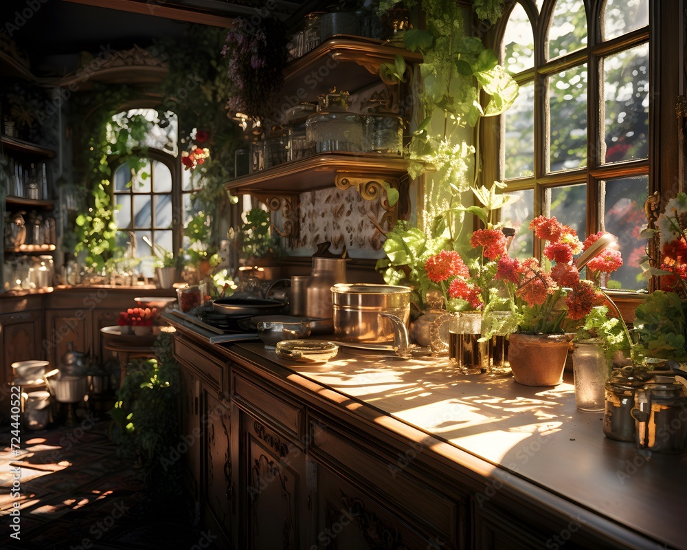Kitchen with wooden countertop and pots of flowers in the foreground