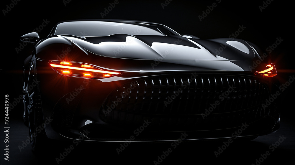Naklejka premium Racing sports car on neon highway. Powerful acceleration of a supercar on a night track with colorful lights and tracks. Blur at high speed. The light trail from the headlights.