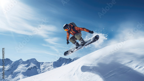 Snowboarder in Flight with Mountains and Sun in Background Wearing Helmet and Goggles