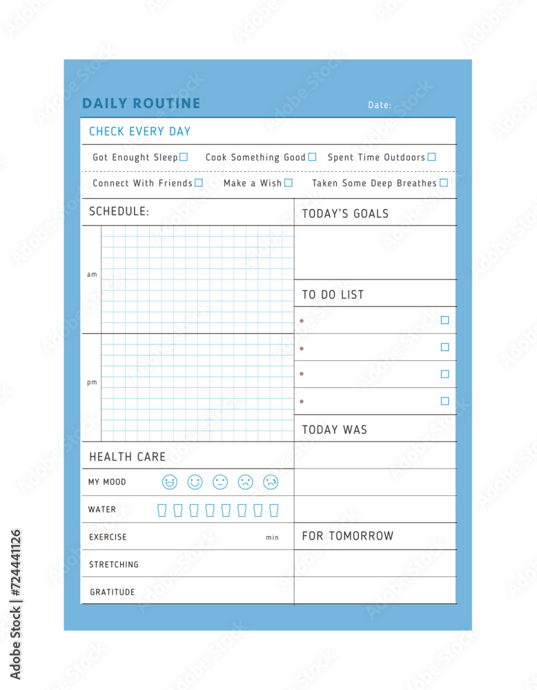 Daily Routine planner. Minimalist planner template set. Vector illustration. Daily Routine planner. Minimalist planner template set. Vector illustration.