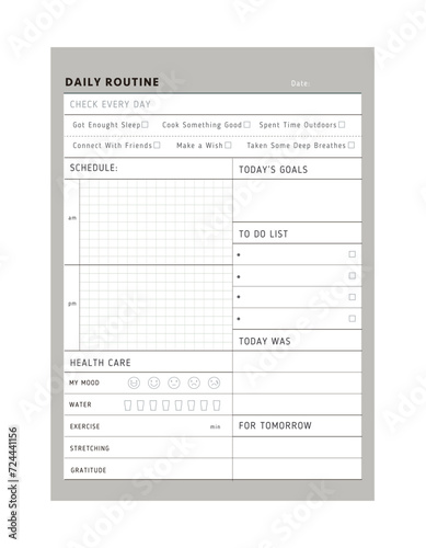  Daily Routine planner. Minimalist planner template set. Vector illustration. 