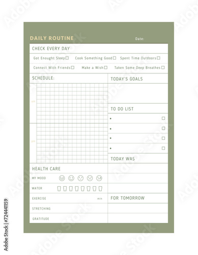  Daily Routine planner. (Olive) Minimalist planner template set. Vector illustration. 