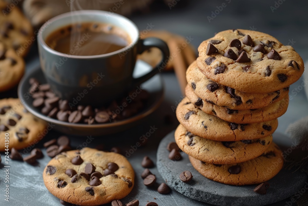 A Pile of Choco Chip Cookies and A Cup Hot Coffee A Pile of Choco Chip Cookies and A Cup Hot Coffee