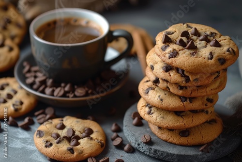 A Pile of Choco Chip Cookies and A Cup Hot Coffee