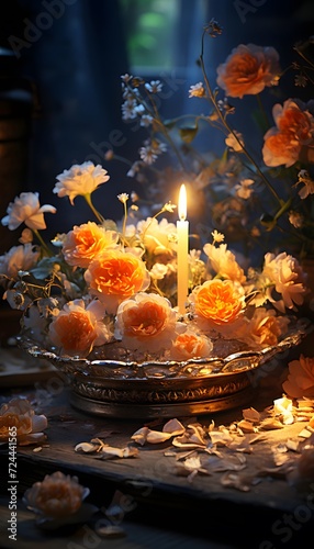 Burning candle in a brass candlestick with flowers on the background of the window