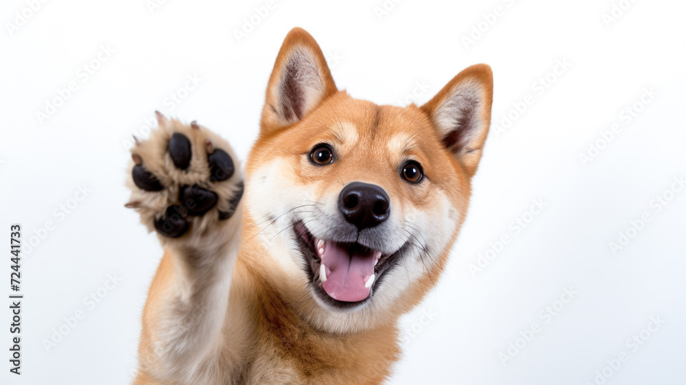 Happy cute brown and white shiba inu dog smiling and giving a high five isolated on white background.
