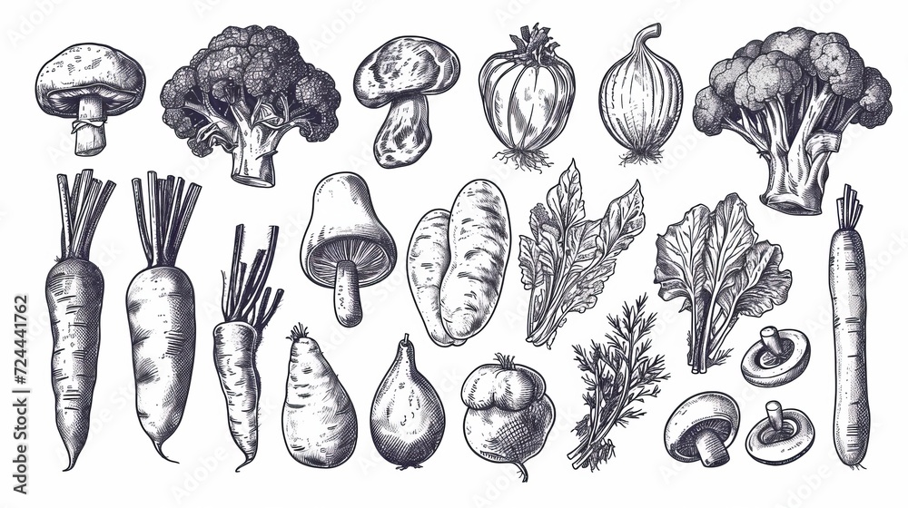 Vintage sketch hand drawn vegetables - obrazy, fototapety, plakaty 