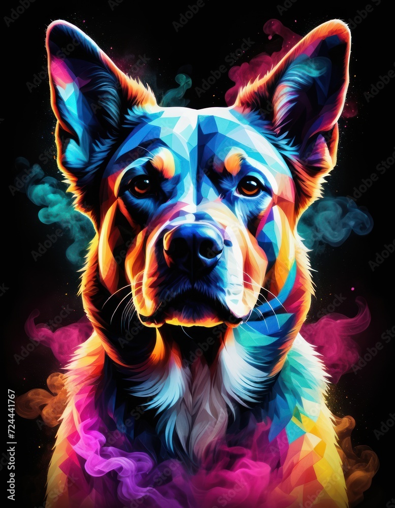 Minimalist neon line logo head of dog with smoke effects